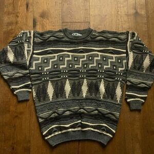 Lavane 3D Knit Sweater Mens XL Grey Vintage 90s Coogi Style Geometric Pullover